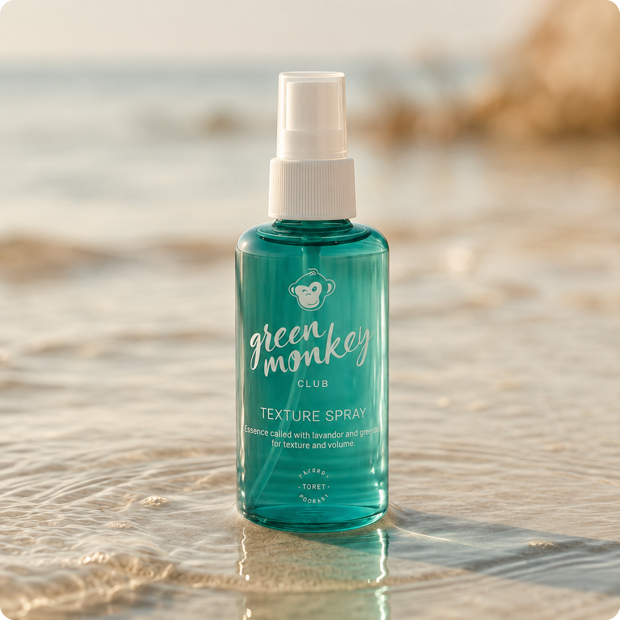 Green Monkey Club Texture Spray on a soft, sunlit beach
